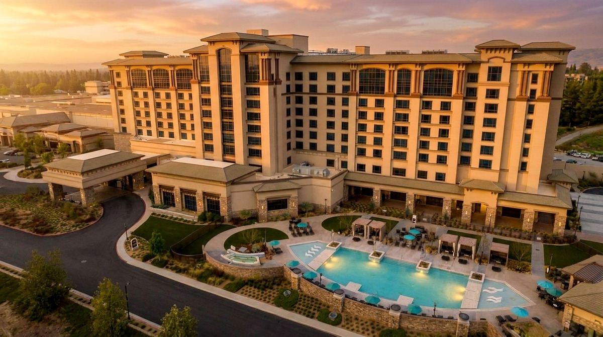 Aerial view of a luxury gaming resort and pool