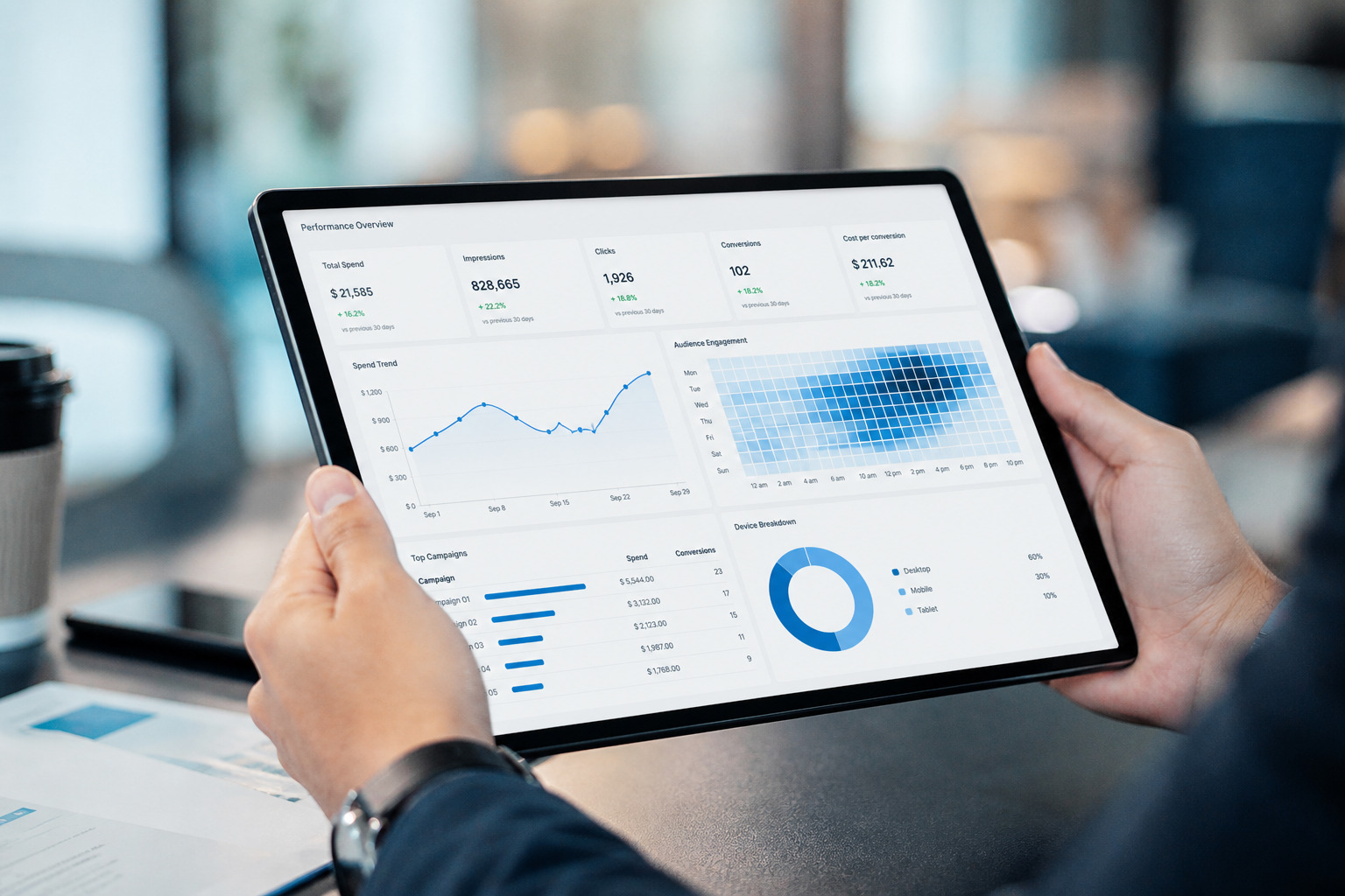 Marketing analytics dashboards on a tablet