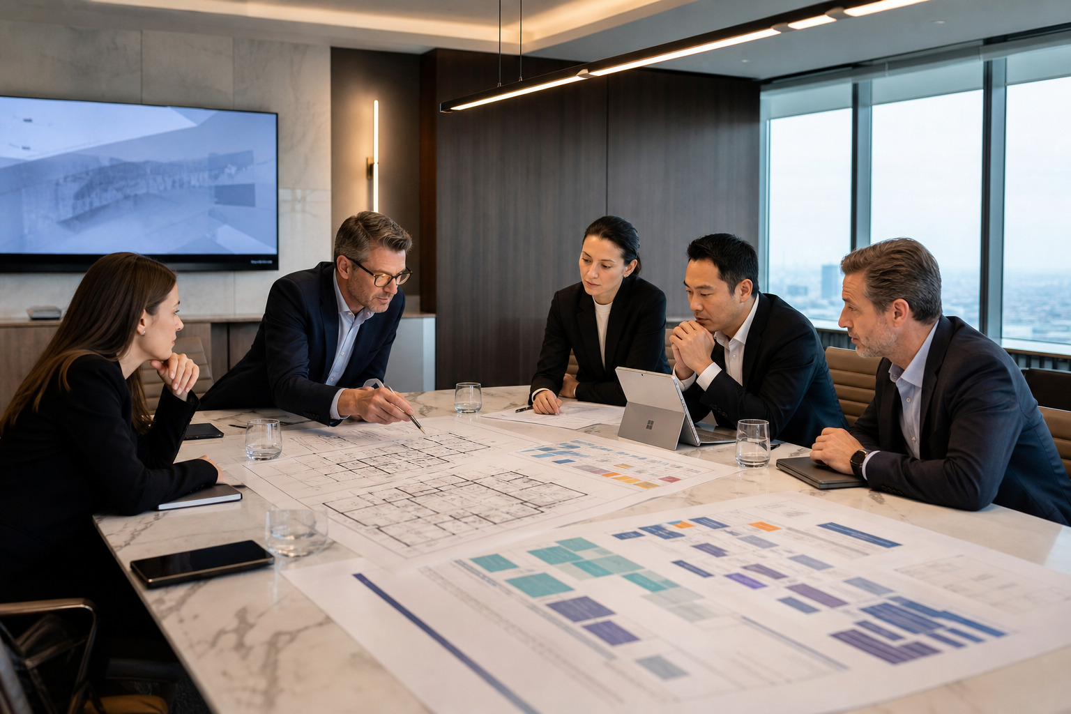 Operations team reviewing plans in a boardroom